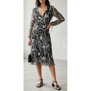 Ice Womens Y2K 90s Dress 100% Silk Beaded Tropical Floral Midi Dress Size 10